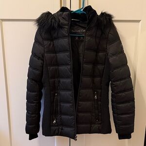 Nautica Women's Black Puffer Coat with Fur Trim